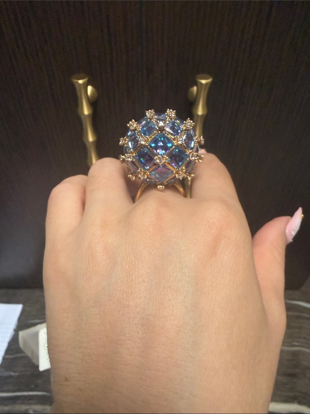 Swarovski Gold Ring with Iridescent Blue-Purple Crystal Dome - Picture 11 of 17
